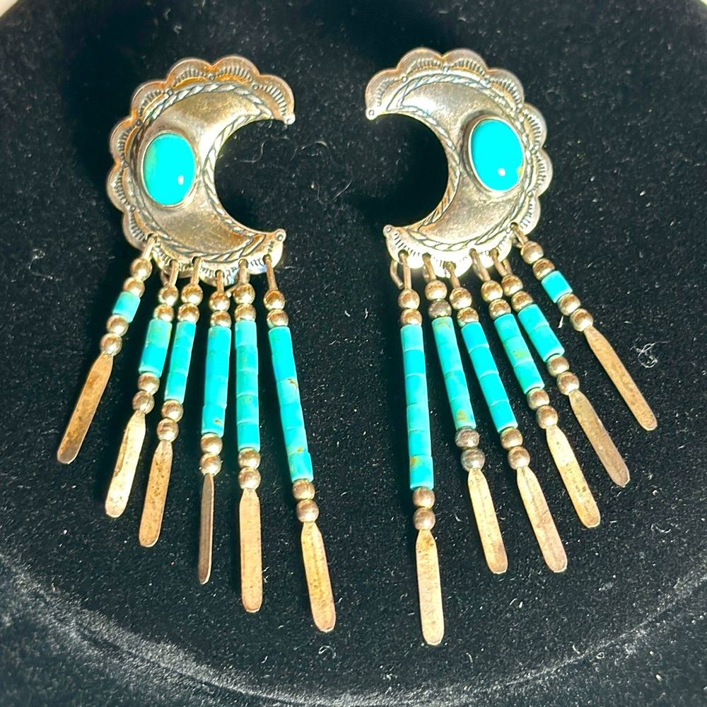 NAVAJO Concho Sterling vintage turquoise fringe signed and stamped Q.T. earrings
